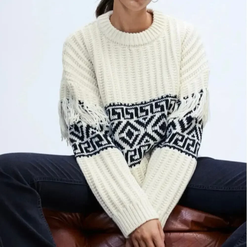 H&M Drop Shoulder Fringe Thick Ribbed Knit Wool Blend Sweater Size Small - Picture 2 of 9